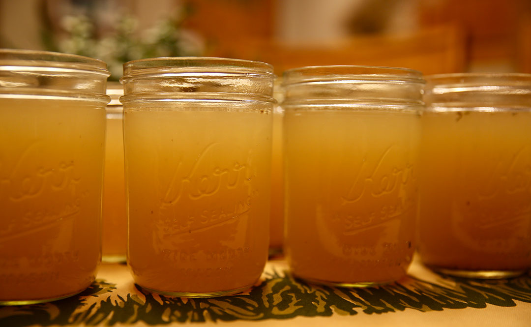 a view of bone broth as a finished product, ready to go in the fridge or freezer