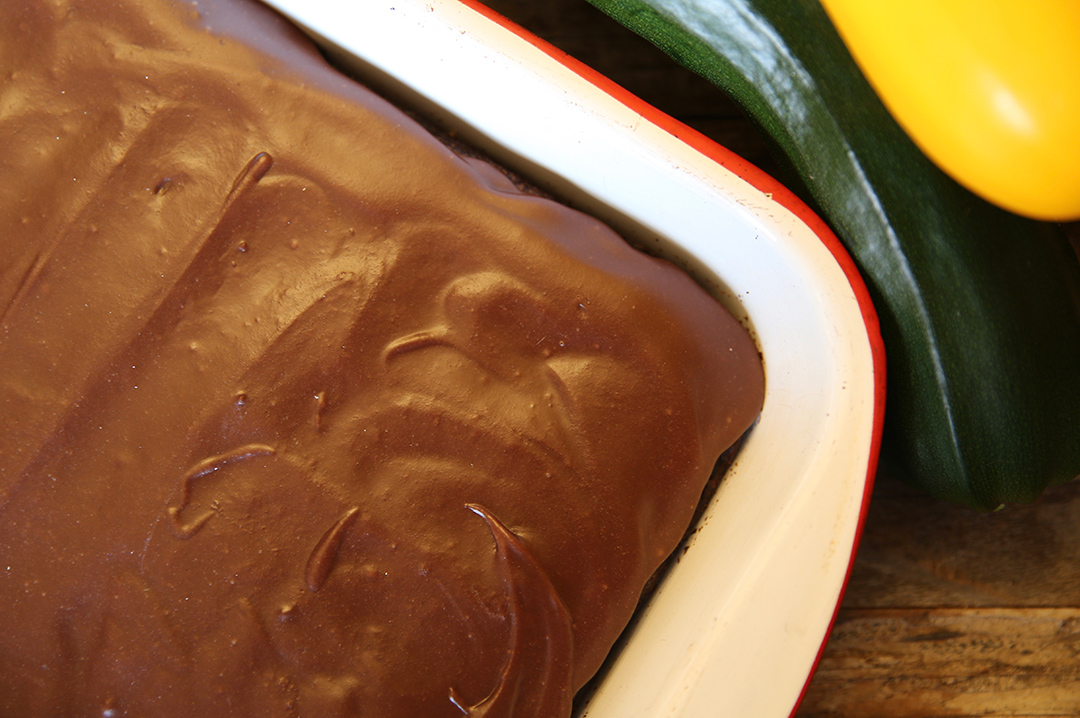 Fresh baked pan of brownies made with zucchini grown in our garden